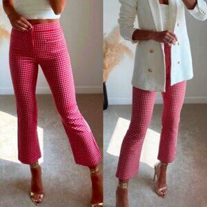 NEW ZARA Gingham Red Flared Pants Picnic Cropped XS Boho Cottage Schoolgirl Chic